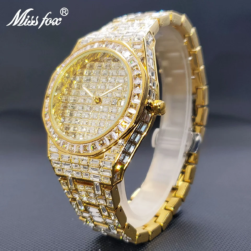 

Men's Watch Cover Baguette Gem Luxury Gold Stylish 40mm Quartz Wristwatches For Man Waterproof Calendar Diamond Clock Droship