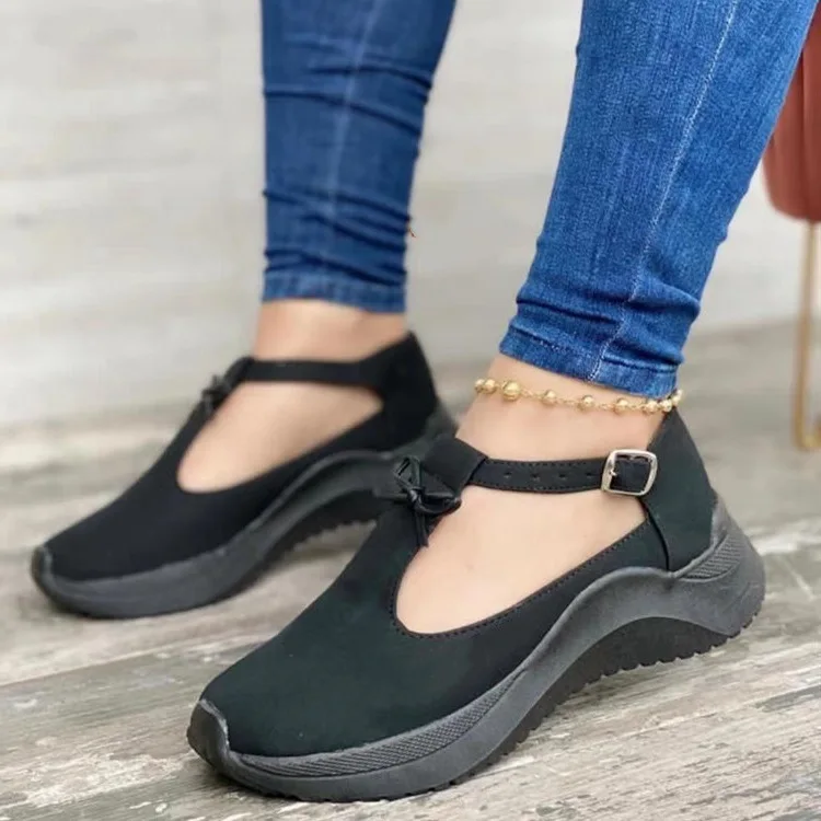 

Women's shoes 2022 round head One word buckle flat wedge shoes New T Buckle Low Heel Casual Peas Shoes