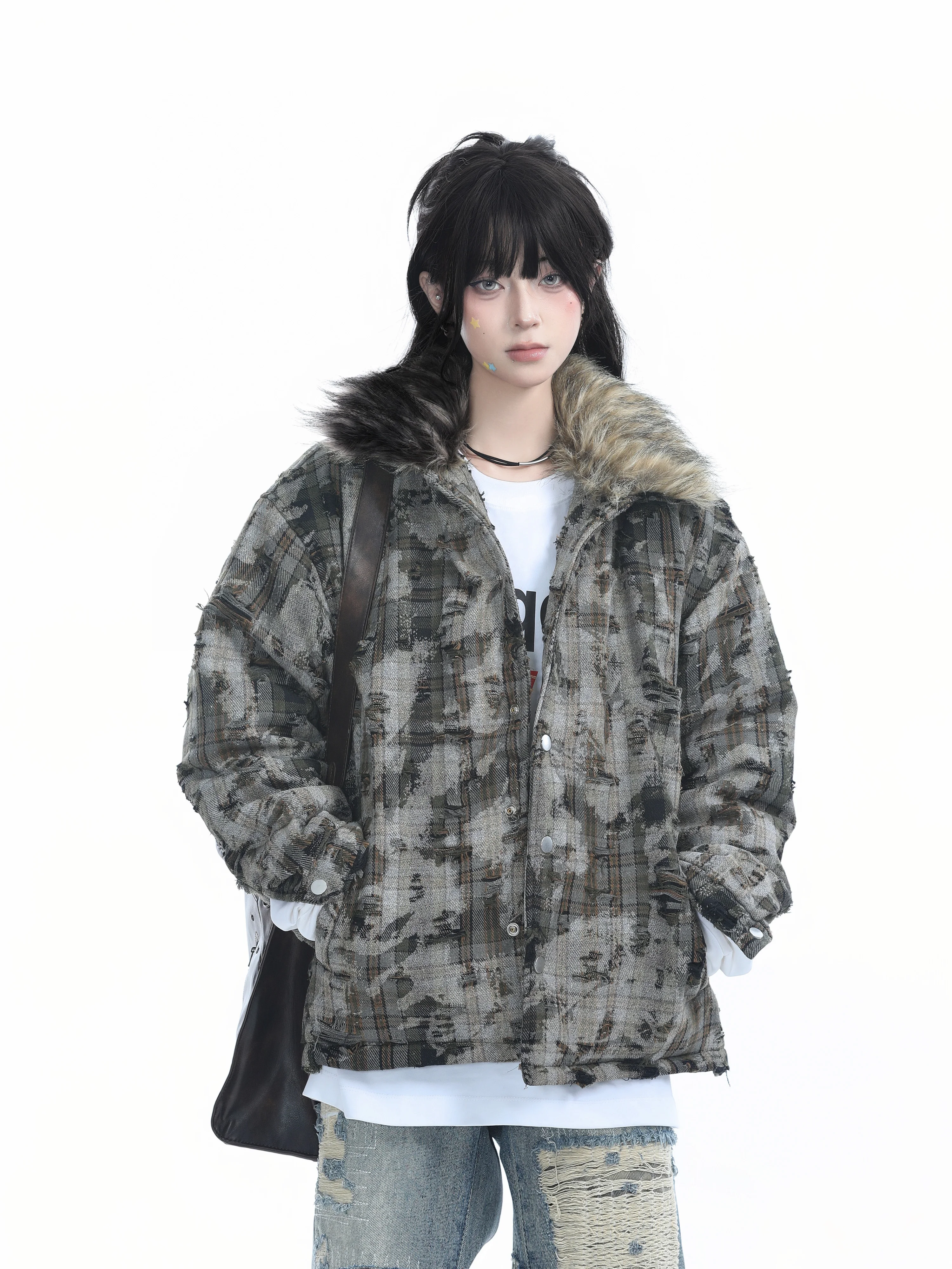 [Sitting in the Mountains] American vintage Camouflage Hood Cotton-Padded Coat for Women Winter Thickened Big Fur Collar Cott...