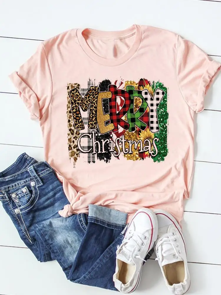 

T Shirt Women Merry Christmas Clothing Happy New Year Graphic T-shirt Top Print Clothes Fashion Lovely Letter 90s Basic Tee