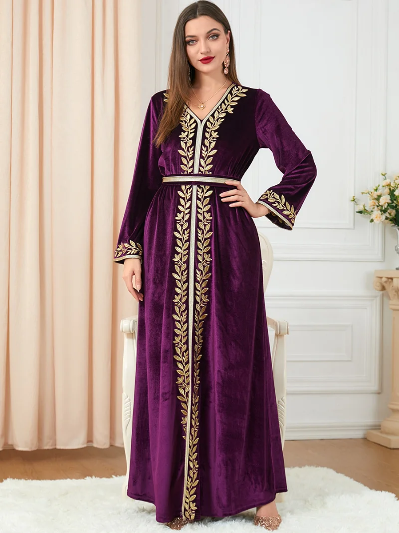 Dresses For Women 2022 Wedding Party Muslim Velvet Belted Kaftan Plant Embroidered Long Sleeve Dress Ramadan Jellabiya