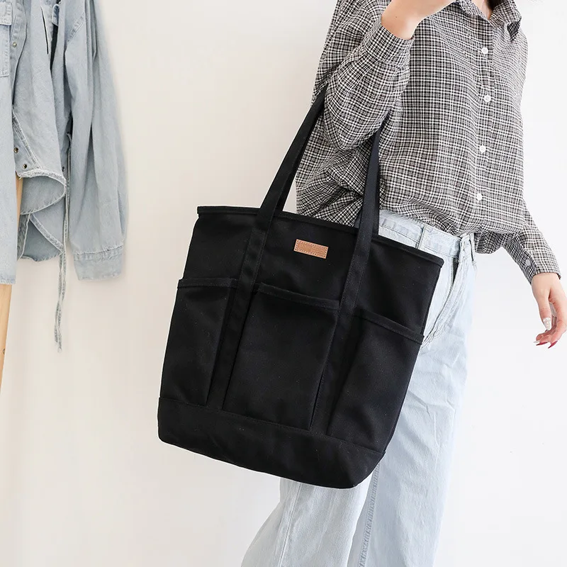 Women's Large Capacity Shoulder Bag Pockets Designer Canvas Handbag For Girls 2022 Fashion Solid Color Student Armpit Handle Bag