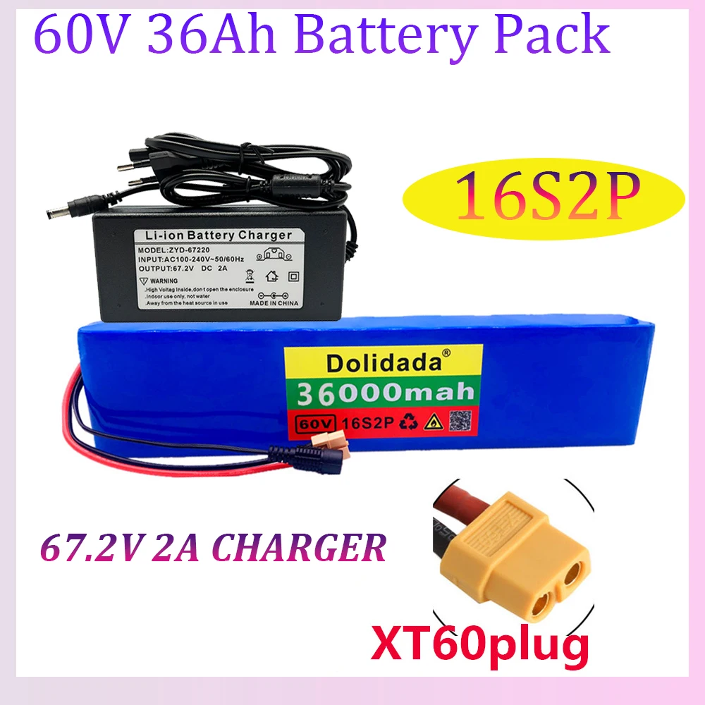 

18650 36Ah 60V 16S2P Battery Pack Li-ion Rechargeable Battery Ebike Electric Bicycle Scooter BMS 1000W XT60 Plug 67.2V Charger