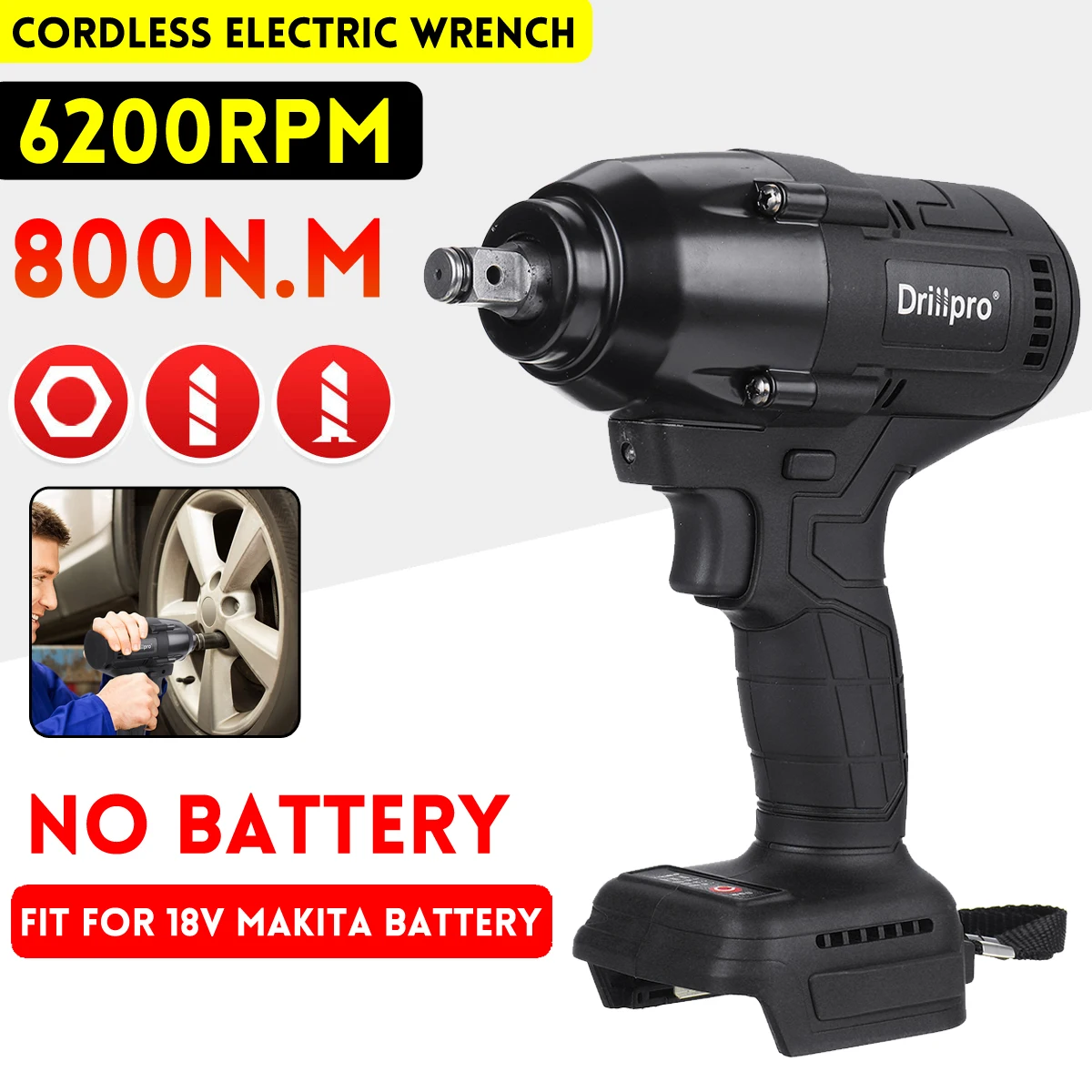 

800N.M Brushless Electric Impact Wrench Rechargeable 1/2 inch Wrench Power Tools Compatible Makita 18V Battery for Car Repair