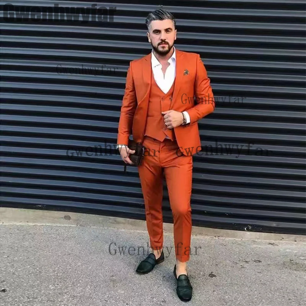 

Gwenhwyfar High Quality Orange Mens Prom Suit Peak Lapel Wedding Suits For Men Tuxedos 3 Pieces Blazer Sets (Blazer+Vest+Pant)