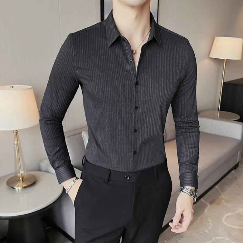 Classic Striped Long-sleeved Shirts Men Elasticity Slim Casual Business Formal Dress Shirt Streetwear Social Party Tuxedo Blouse