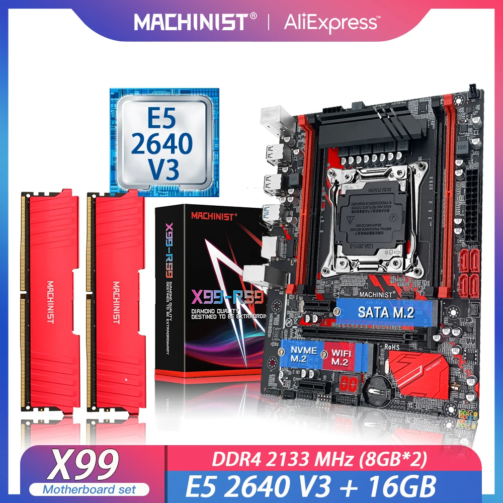 MACHINIST-placa base X99 con procesador Xeon E5 2640 V3, 2x8GB = 16GB, DDR4, ECC, REG, memoria RAM, LGA 2011-3, ATX, NVME, M.2, RS9
