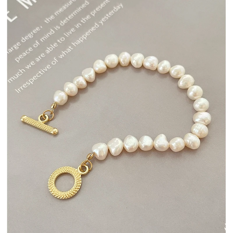 

ALLNEWME Elegant Natural Freshwater Pearl Beaded Bracelet for Women Gold Copper Toggle Clasp Circle Charm Bracelets Wholesale