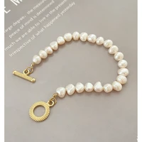 allnewme elegant natural freshwater pearl beaded bracelet for women gold copper toggle clasp circle charm bracelets wholesale