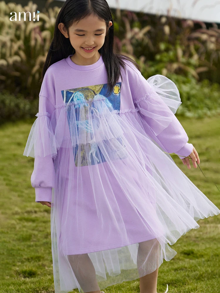 AMII Kids Dress 2023 Spring New Fashion Print Dresses A-line Mesh Patchwork Girl Dresses Elegant Children Clothes Robe 22371009