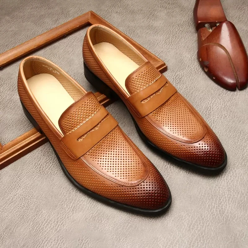 

Summer Mens Dress Shoes Oxford For Men Genuine Leather Pointed Toe Slip On Formal Designer Men Loafers Black Breathable Oxford