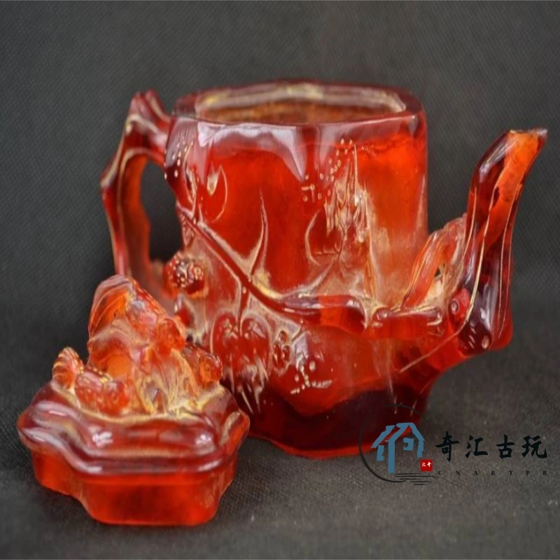 

7.15" China Collectibles Old Decorated Handwork Amber Carving Insects Teapot