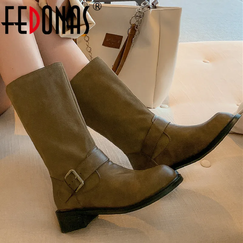 

FEDONAS Women Mid-Calf Boots Splicing Genuine Leather Low Heels Casual Shoes Woman Autumn Winter Popular Buckle Motorcycle Boots