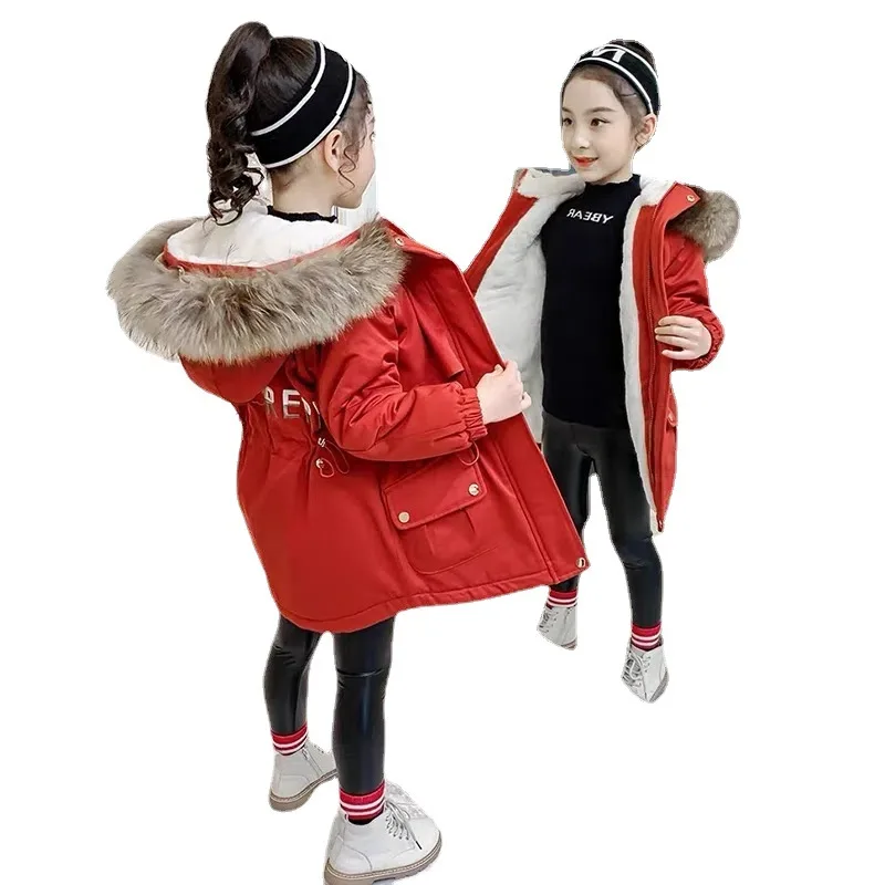 

Young Girls Fashion Clothes Fur Collar Big Girls Cotton Jackets Princess Fur Parkas Children Winter Outwear Kids Slim Clothes