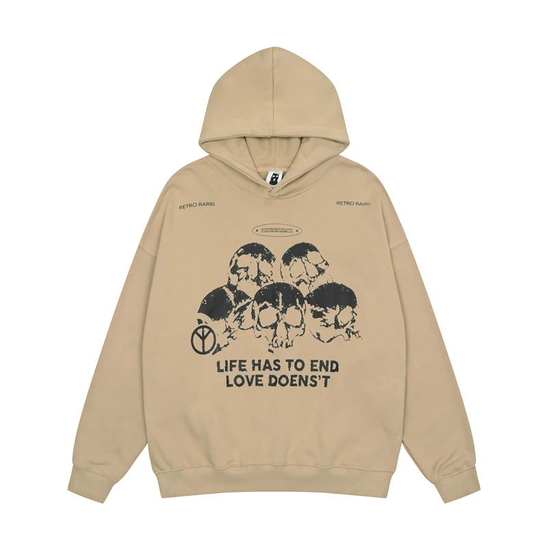 

Harajuku Skull and Letter Print Men and Women Hooded Hoodies High Street Retro Casual Oversized Pullover Terry Sweatshirts