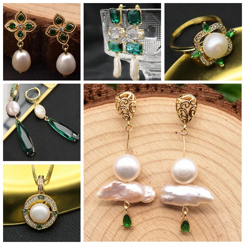 

GLSEEVO Green Zircon Natural Freshwater Pearls Earring Necklace Ring Europe Court Style Woman Retro Luxury Fine Jewelry Set