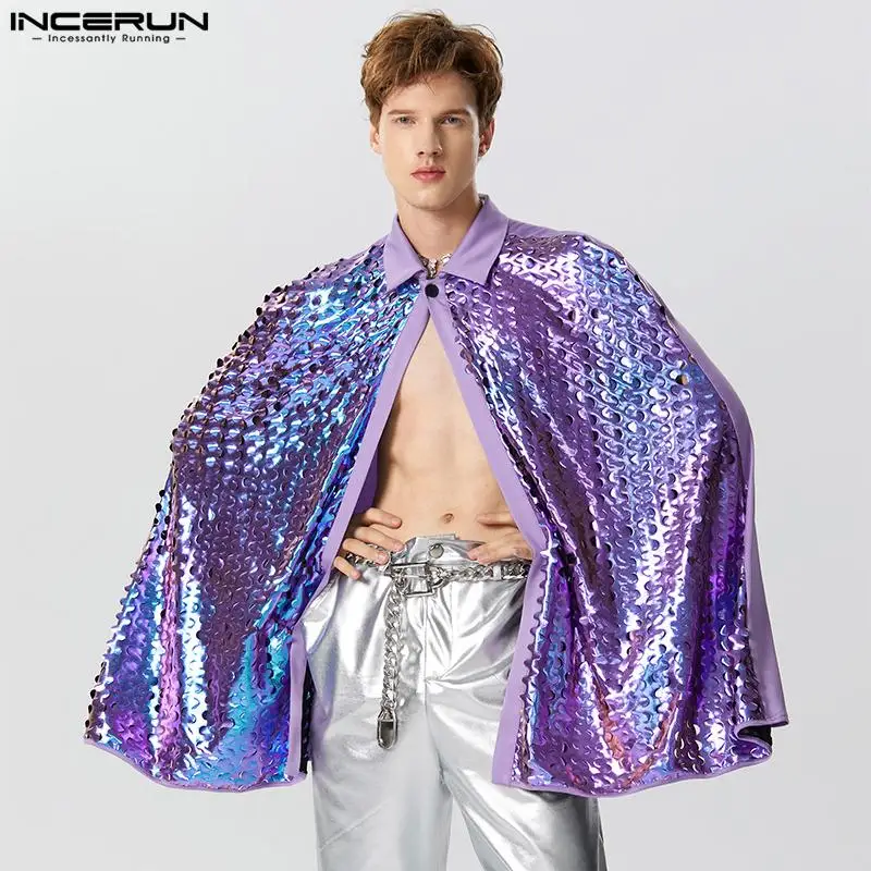 

Fashion Men Cloak Patchwork Shiny Lapel One Button Loose Irregular Trench Ponchos Streetwear 2023 Casual Cape Coats Men INCERUN