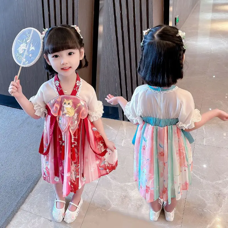 Girls Hanfu Summer Chinese Style Children's Dress Cheongsam 2023 New Fashion Princess Dress Baby Short Sleeve Summer Dress enlarge