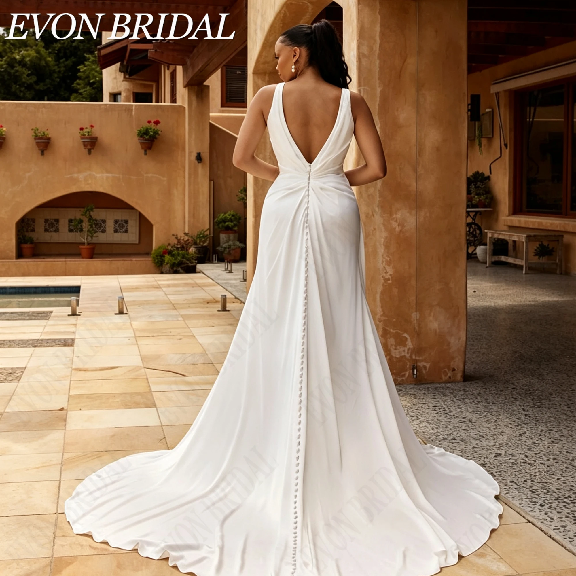 Фото EVON BRIDAL Плюс размер свадебное платье тонкие бретели глубокий V вырез русалка простое открытое спина свадебное платье невесты на заказ индивидуальный размер элегантное атласное свадебное платье для пышных невест №5