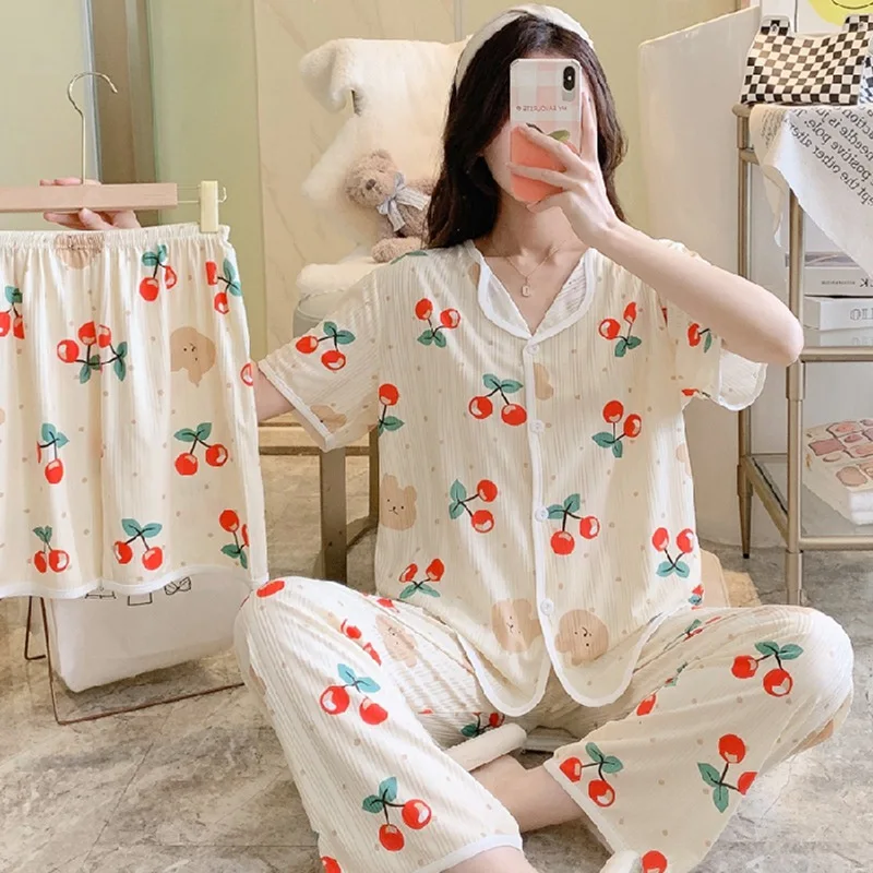 2023 New Pajamas Women's Summer Three-piece Pajamas for Women Cute Peach Same Style Girl Student Short-sleeved Trousers