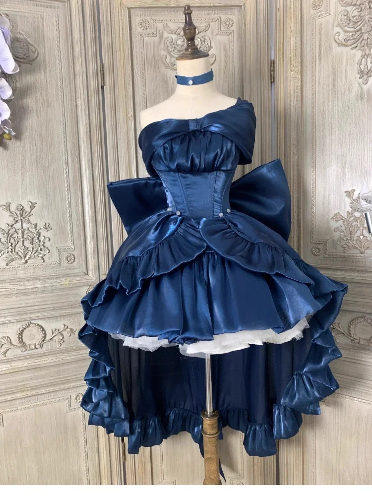 Синяя юбка принцессы Лолиты платье без рукавов с высокой талией облегающее сзади