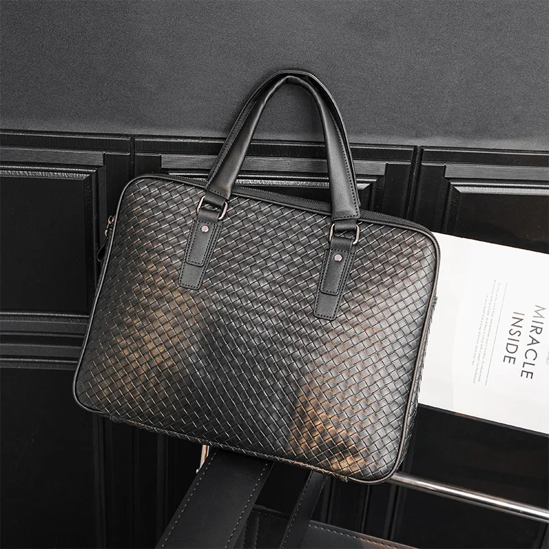 Fashion Luxury Crossbody Bag Men Messenger Bags Woven PU Leather Men's Shoulder Bags Large Capacity Male Laptop Bag Travel Totes
