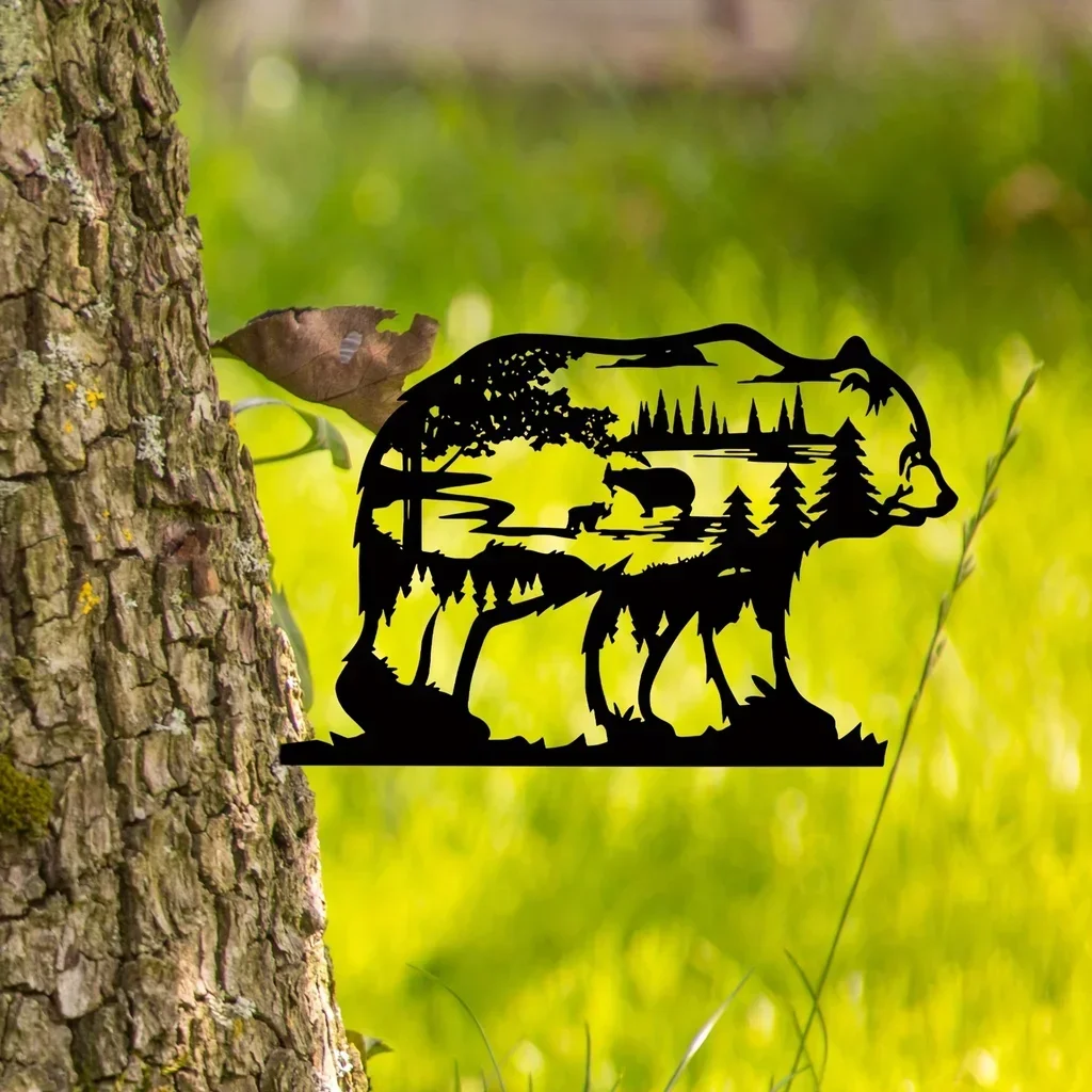 Украшение для стен в виде черного металлического лесного медведя: деревенский