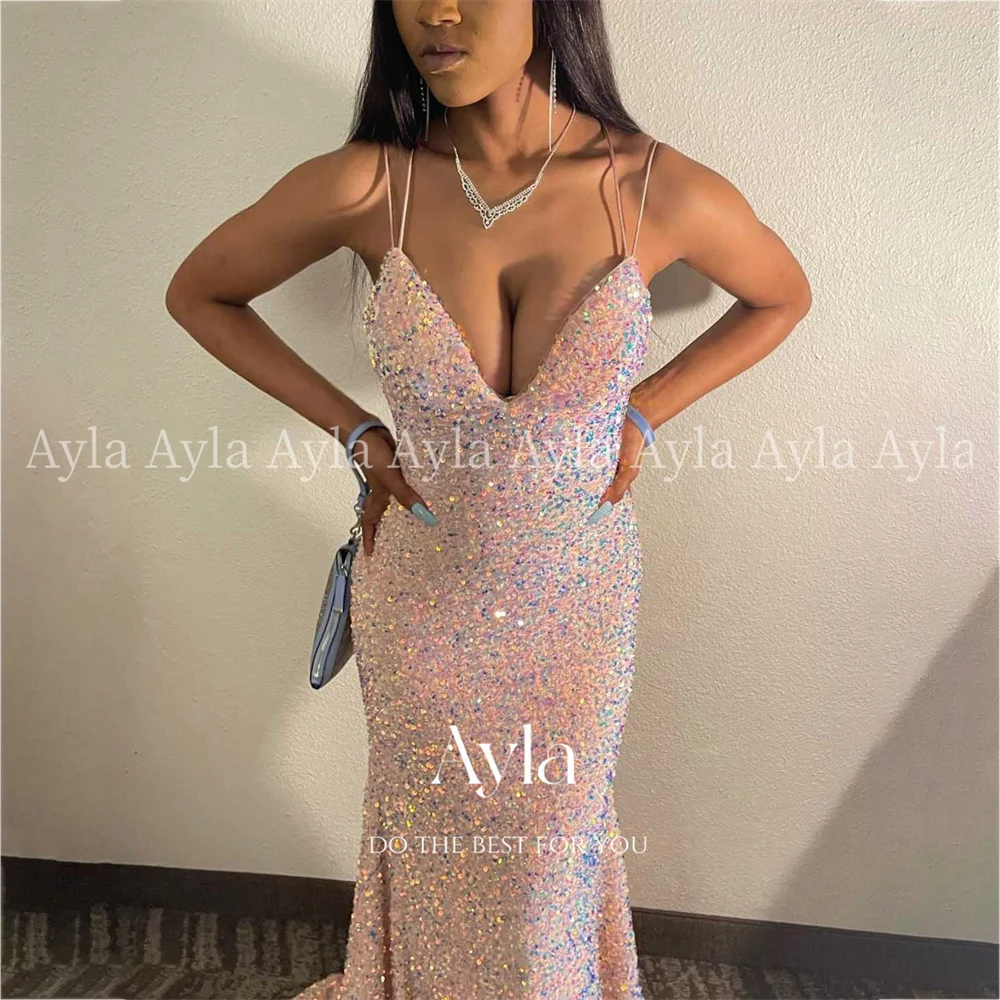 

Pink Sequins Evening Dress Ayla Custom Color Spaghetti Straps Mermaid Prom Party Gown Made-to-measure Dresses فساتين زواجات سهرة
