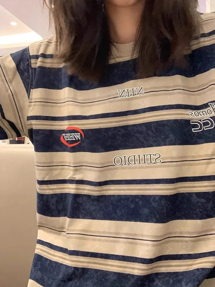 American vintage Stripe Shoulder Long sleeves Shirt Women Autumn Wear Loose Design Sense Korean Series Chic Top