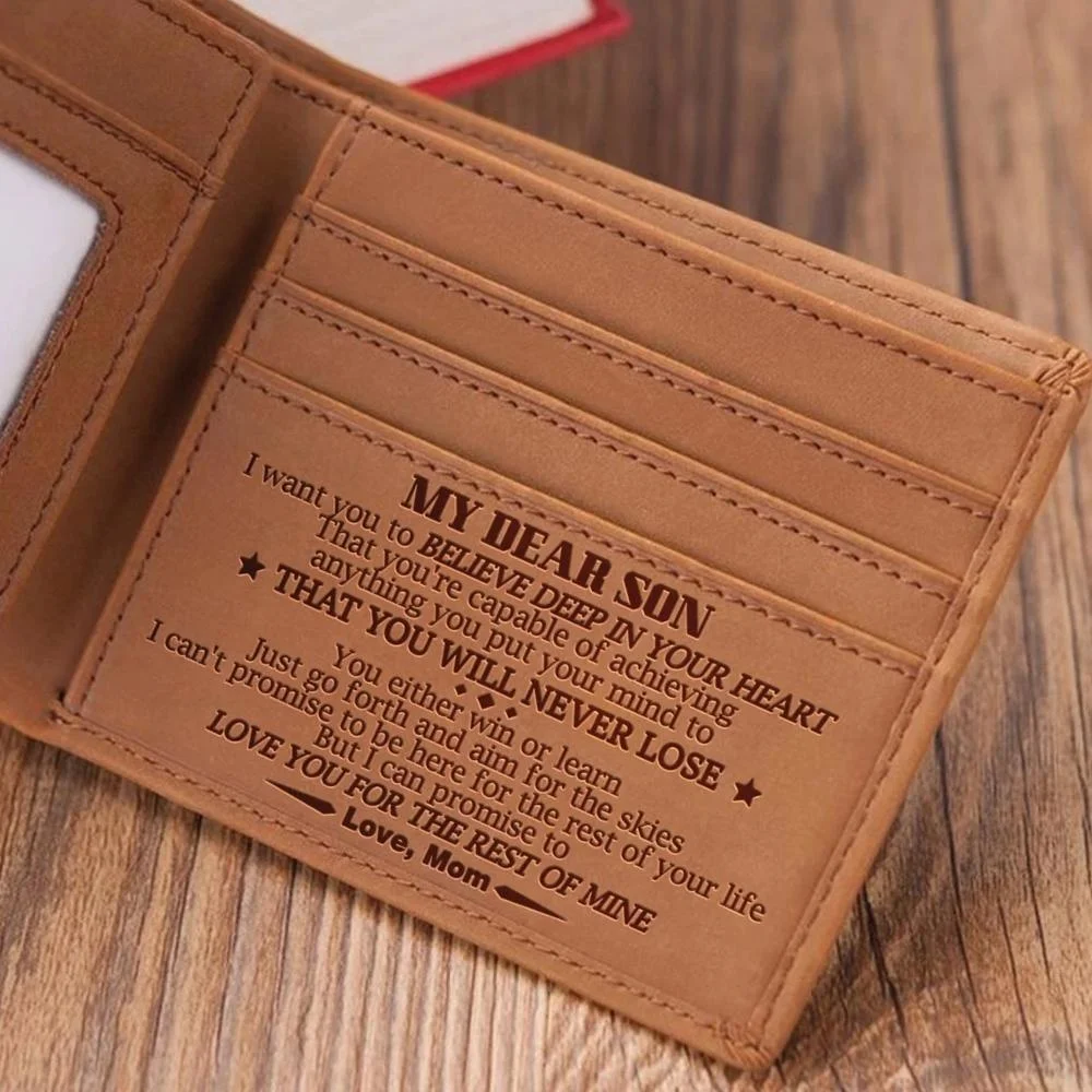 

Men's Boy's Wallet Genuine Engraving Laser Leather Purse Card Holder Bifold Wallets Purses Retro From MOM Gift