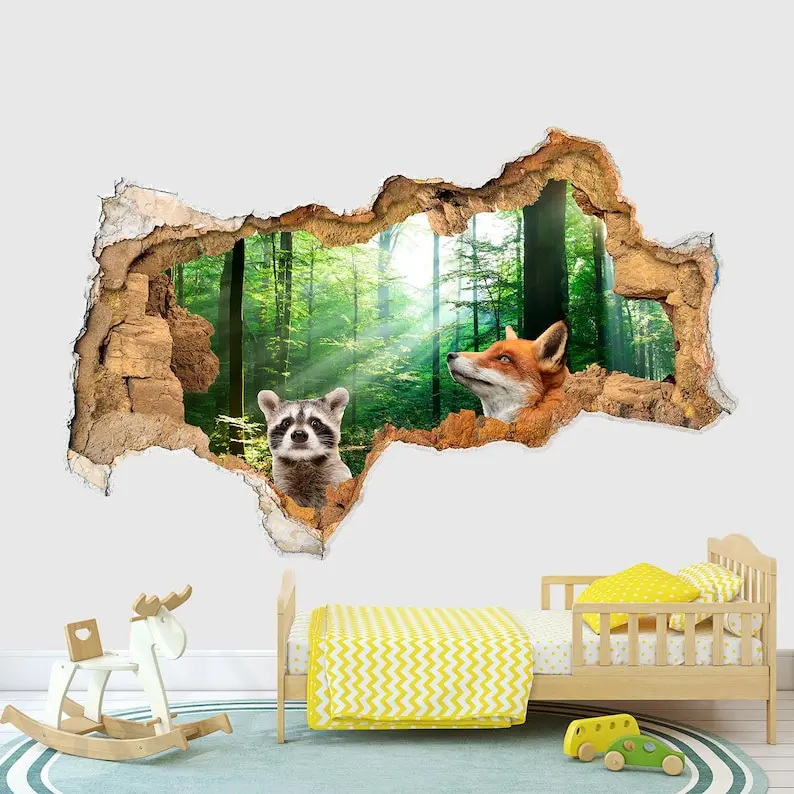 

Raccoon Wall Decal 3D Forest Animals for Kids Hole in wall sticker Fox Wall Decor Vinyl Decal 3D Wall Sticker Removable Poster N