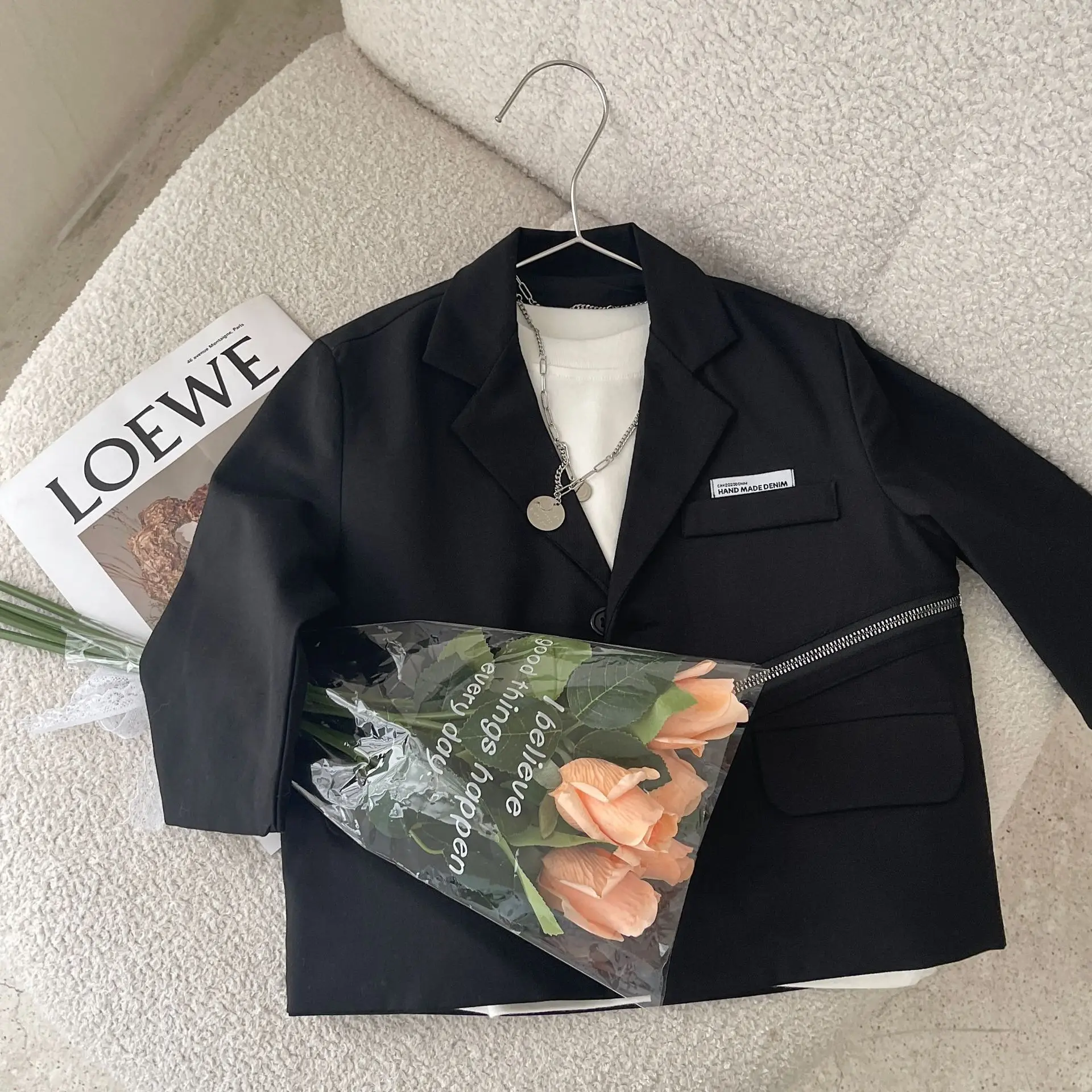 

2202 Autumn New Children's Boys and Girls Korean Casual Blazer Coat Clothing Stitching Zipper Label Black Jacket Outwear Tops