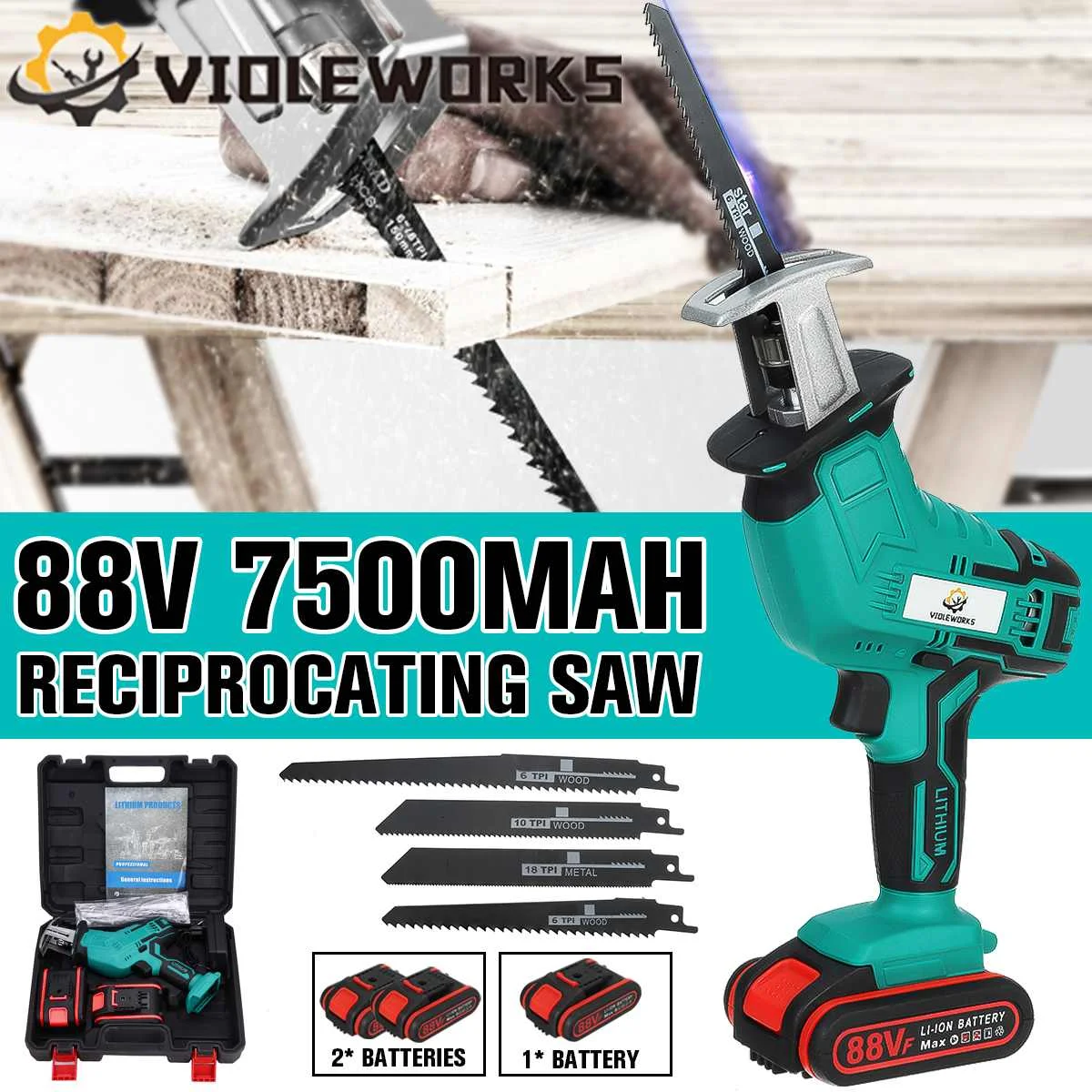 

Electric Cordless Reciprocating Saw 18V 88VF with 2PC Li-ion Battery 4PC Blades Saber Saw Metal Wood Cutting Power Tool US Plug