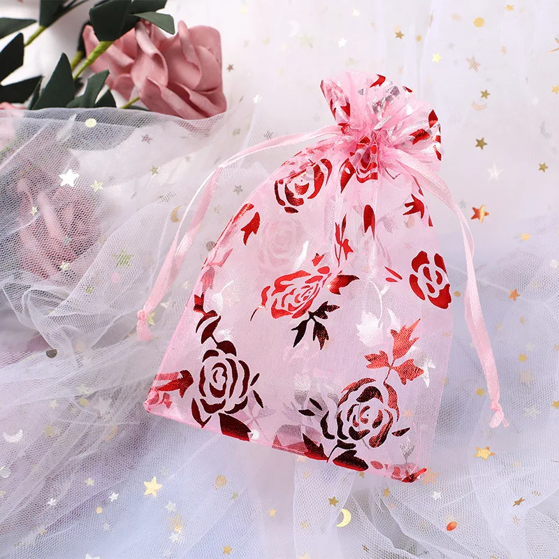 

Gold Printing Heart Drawstring Organza Gift Bag Wedding Pouch Navidad Chocolate Bolsas Boda Bags for Packaging Wedding Supplies