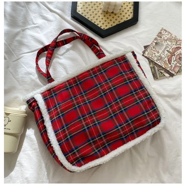 Женская винтажная сумка в клетку Повседневная модная Милая пушистая сумочка на