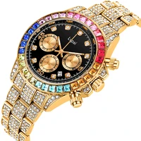 rhinestone watch women men luxury full micro pave iced out colorful stones cubic zirconia stainless steel 3 eyes watches men