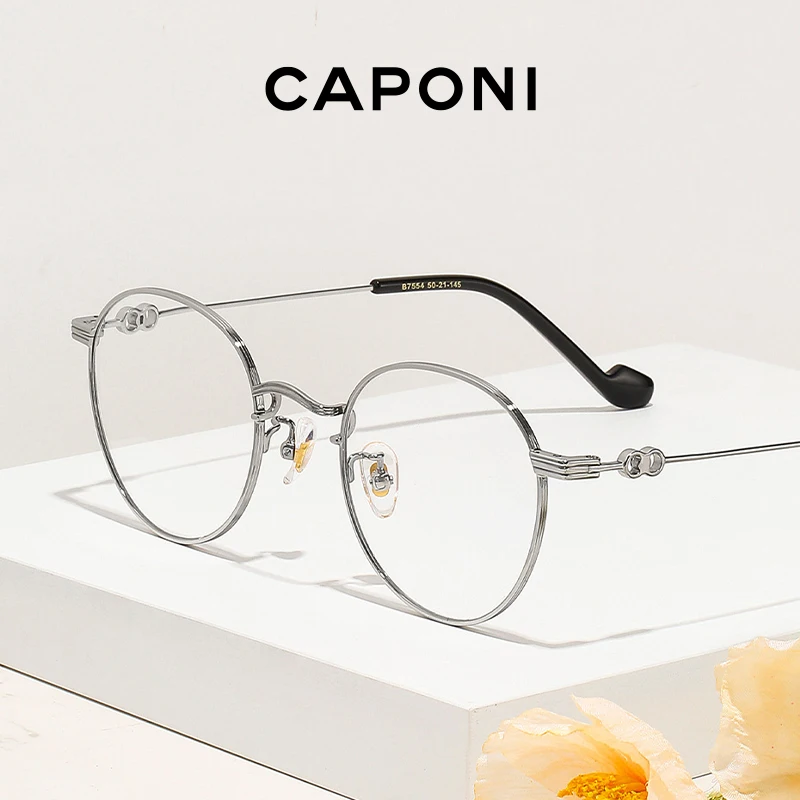 CAPONI-Montura redonda para gafas de aleación de titanio para mujer, protección para ordenador, antiluz azul, estilo moderno, JF7554
