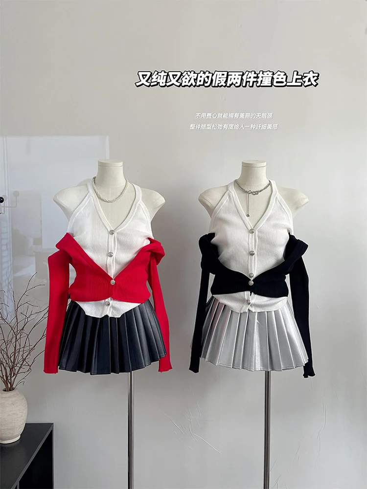 

Women's Red Cardigan Knitted Sweater Vintage Harajuku Korean Y2k 90s Aesthetic Patchwork Long Sleeve Sweaters 2000s Clothes 2023