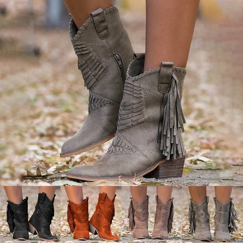 

Classic Tassel Western Cowboy Boots For Women Leather Cowgirl Boots Low Heels Shoes Knee High Winter Boots Zapatos De Mujer