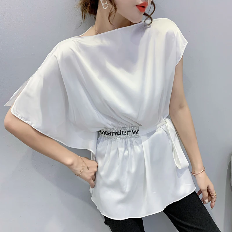 Fashion Casual Bat Sleeve Woman Tshirts Women Sexy Tops Female Lady Beautiful Aesthetic Asymmetric Fold Girls Bandage T Shirts