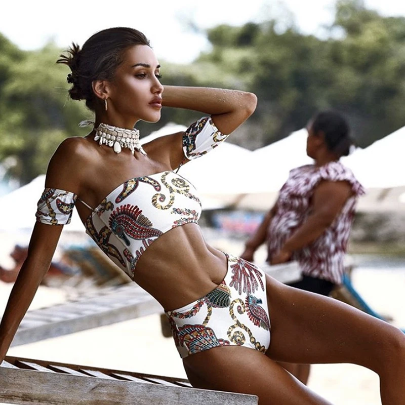

Seahorse Coral Print Sexy Women Bikini Sets Even Sleeves High Waist Swimsuit Two Pieces Swimwear 2022 New Outfits Bathing Suit