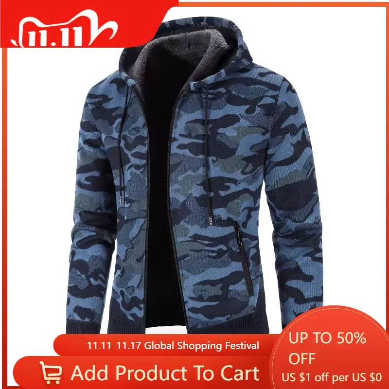

New Male Winter Casual Cardigans Slim Fit Hoodies Men Hooded Jackets Sweatercoat Thicker Warm Camouflage Cardigan Sweaters 3XL