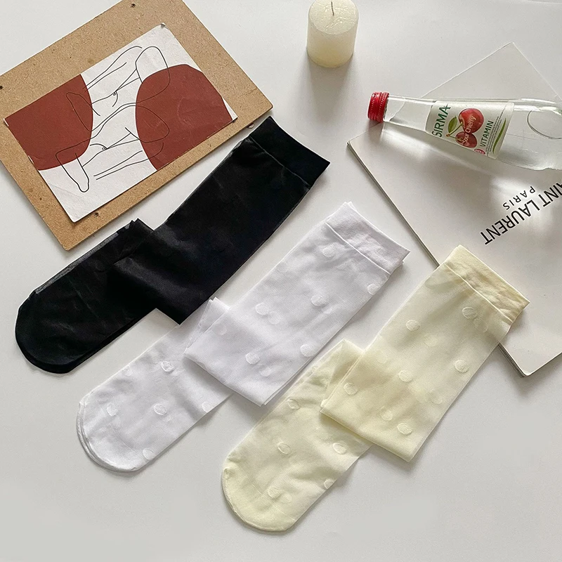 Lolita Polka Dot Socks Women Transparent Long Lace Socks Female Jk Ultra-thin Knee High Socks Nylon Stockings Dress Calcetine