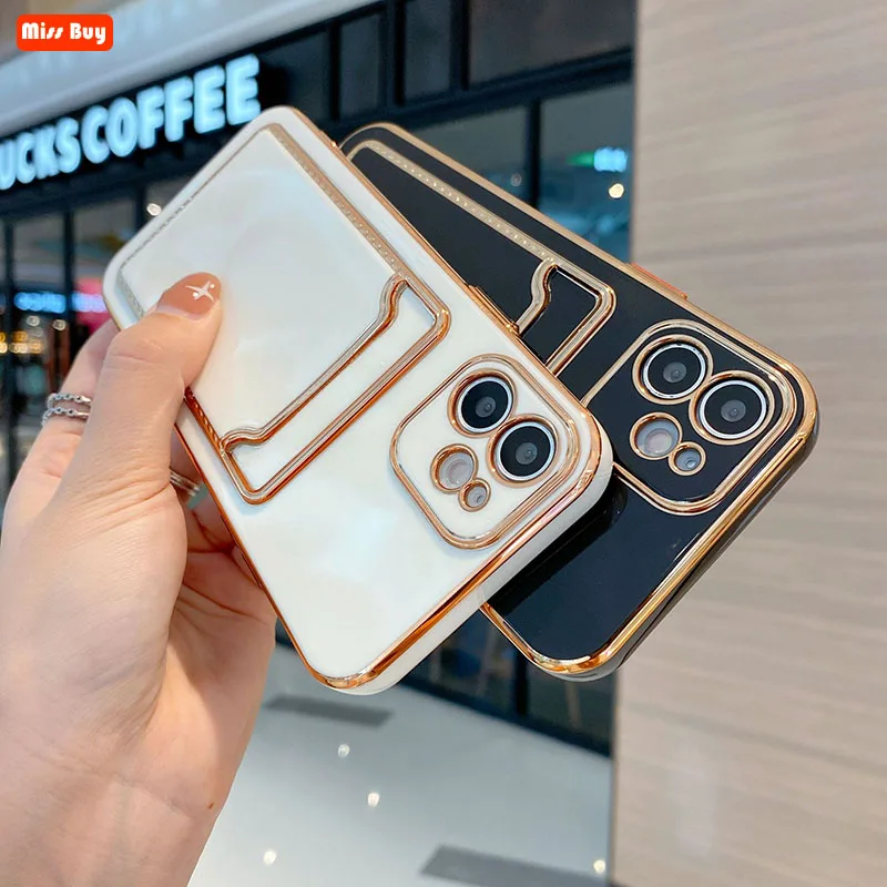 

6D Plating Card Holder Phone Case For iPhone 11 12 13 Pro Max XS X XR 7 8 Plus mini SE 2020 Soft Silicone Shockproof Back Cover