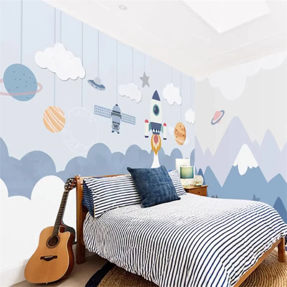

custom Cartoon space wallpaper children's room boy's bedroom mural background kindergarten aircraft wallpaper 3D home decoration