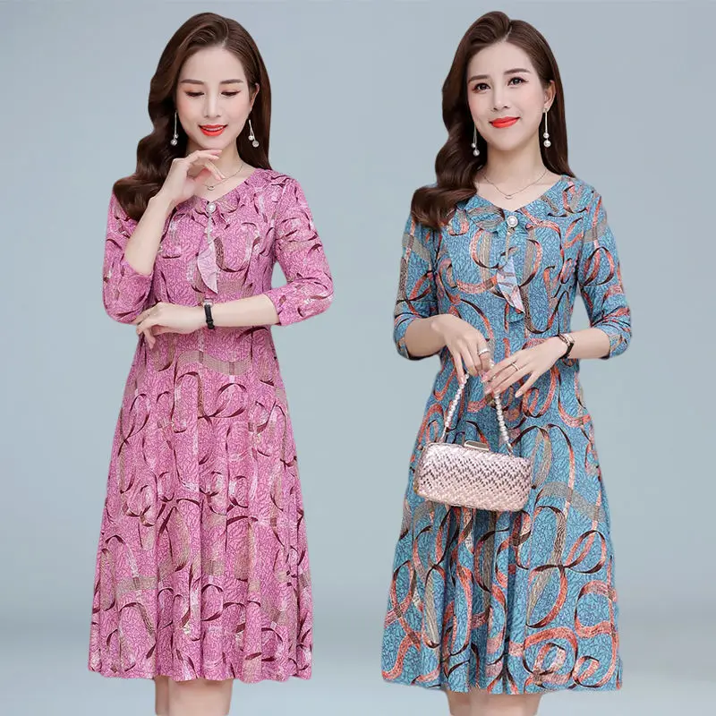 

Women's Dress Female Vintage Floral Printed Long Sleeve V Neck Midi Dresses Spring Autumn Clothing Vestidos Robe Femme E254