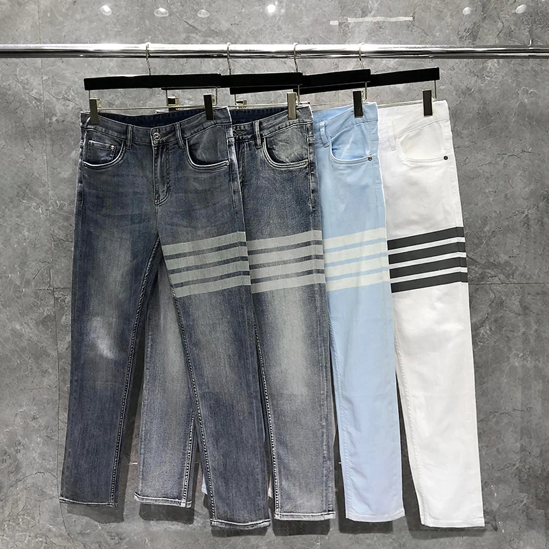 TB BROWIN Men Cotton Jeans Mid Waist Striped Long Pants Casual Slim Korean Design New Design Soft Animal Dog Women Jeans