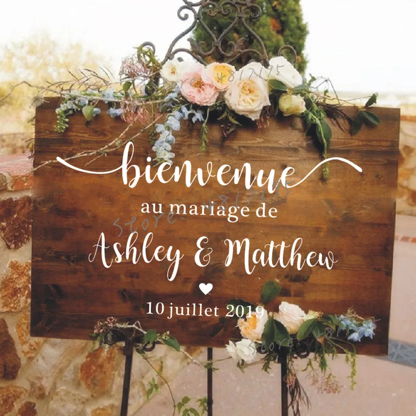 

French Style Wedding Mirror Vinyl Decal Custom Names Wall Sticker Wedding Welcome Sign Vinyl Murals Romantic Mariage Décor AZ843