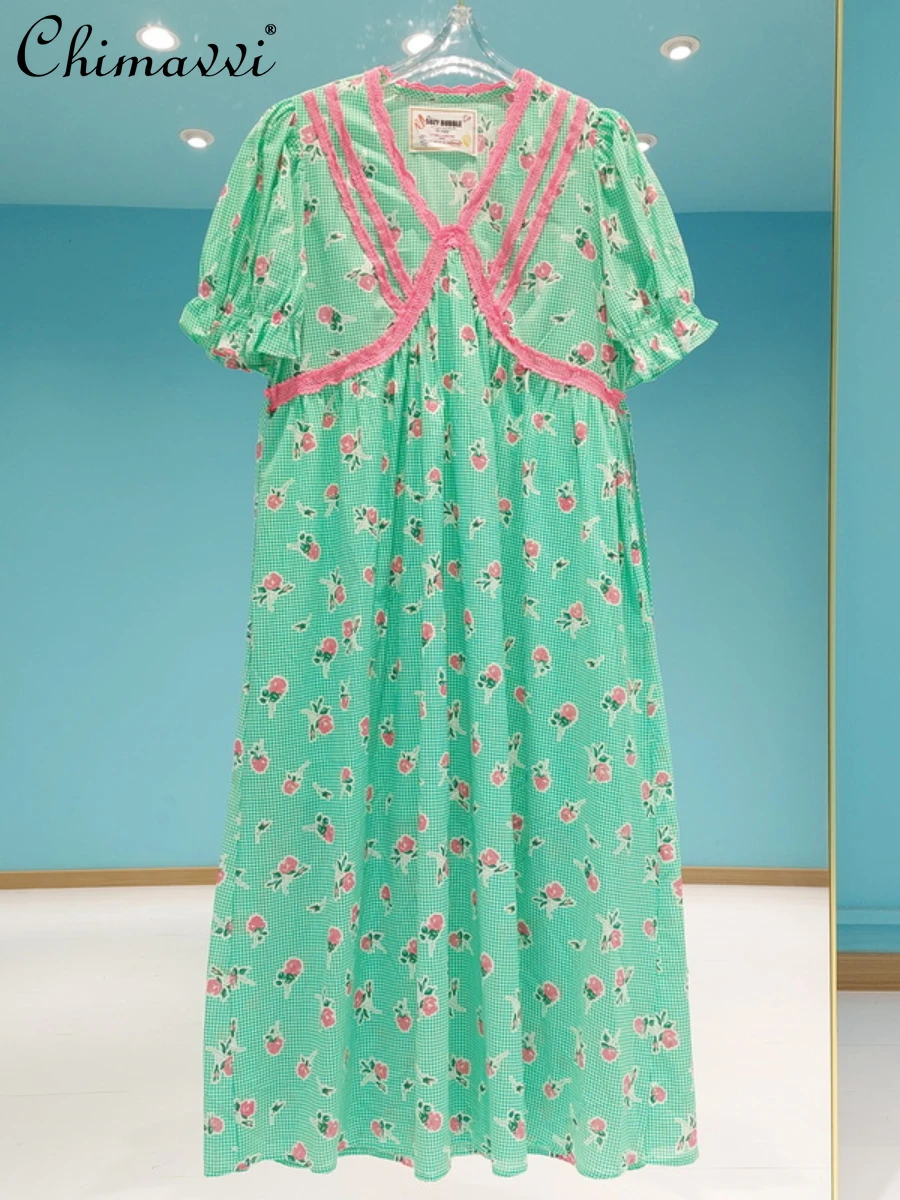 

Summer Dresses 2022 Korean Chic Unique Contrasting Color Thread V-neck Design Green Shivering Dress Lace-up Loose Big Hem Dress