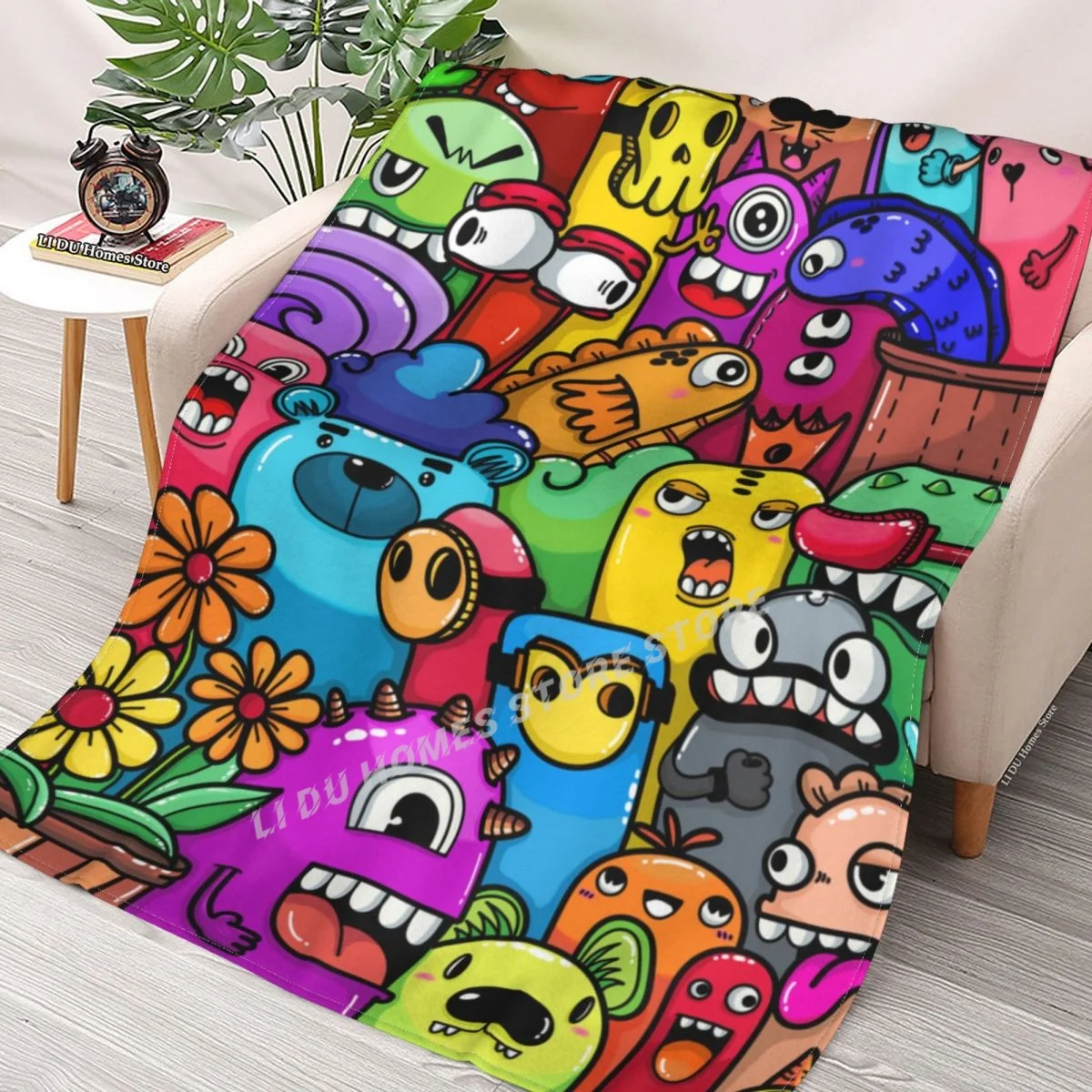 

Monsters Doodle,Cartoon Crowd Doodle Throw Blanket flannel Collage Blanket Bedding soft Cover Bedspreads Blankets